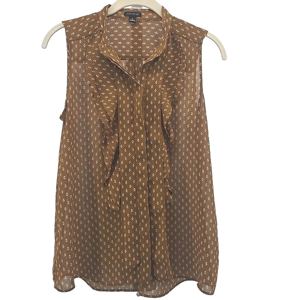 Ann Taylor Small‎ Camel Button Front Ruffle Sleeveless Chiffon Top (Shell Only)